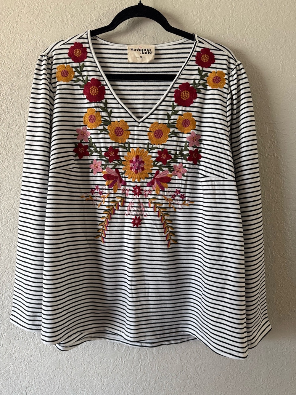 Savanna Jane Floral Embroidered Striped V-Neck Long Sleeve Top Size 1X Fall